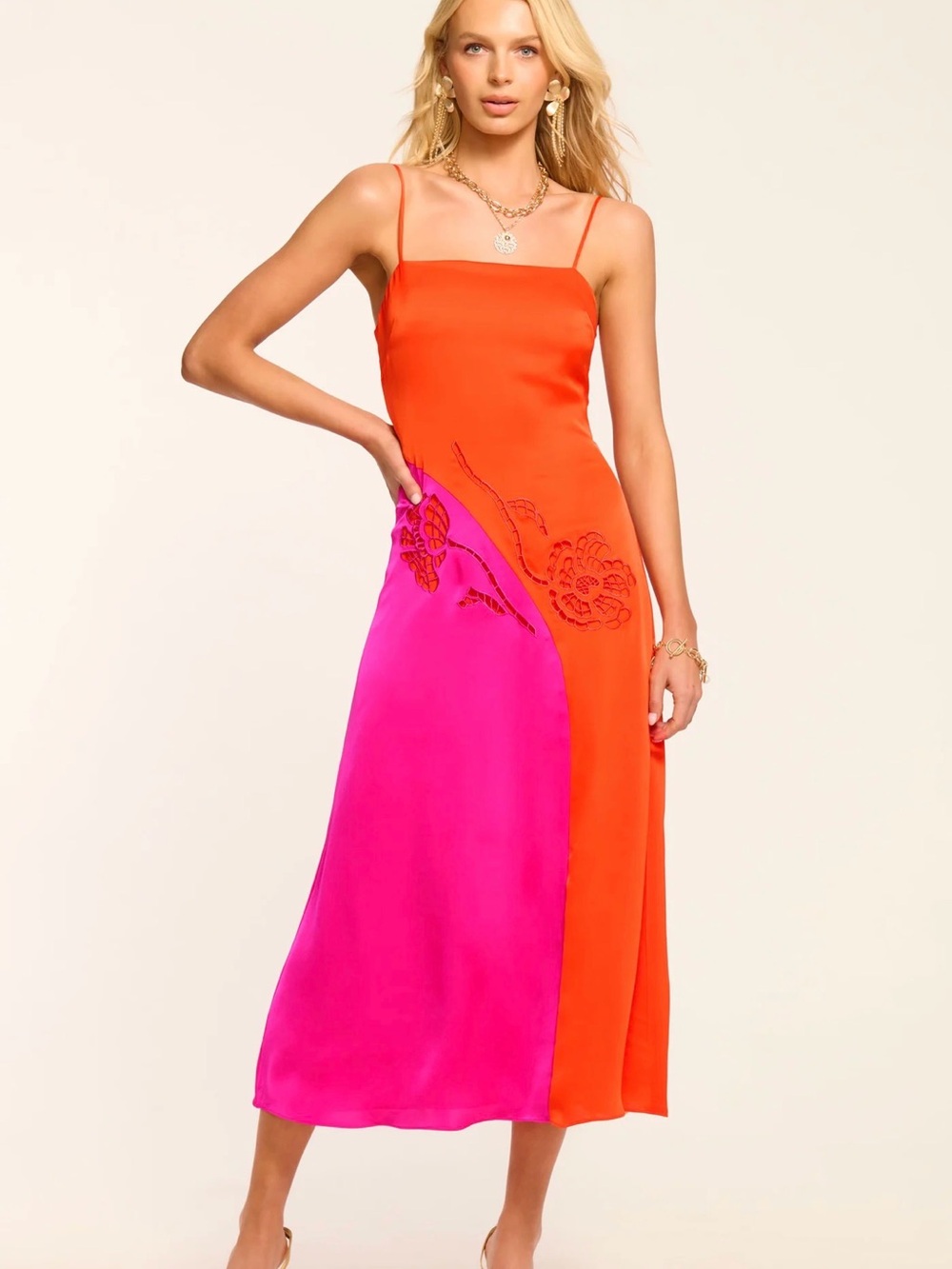 Ramy Brook Orange and Hot Pink Satin Midi Slip Dress